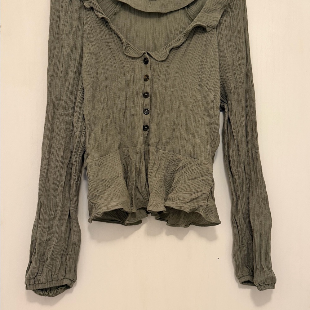 Topshop Olive Button-Up Ruffle Blouse